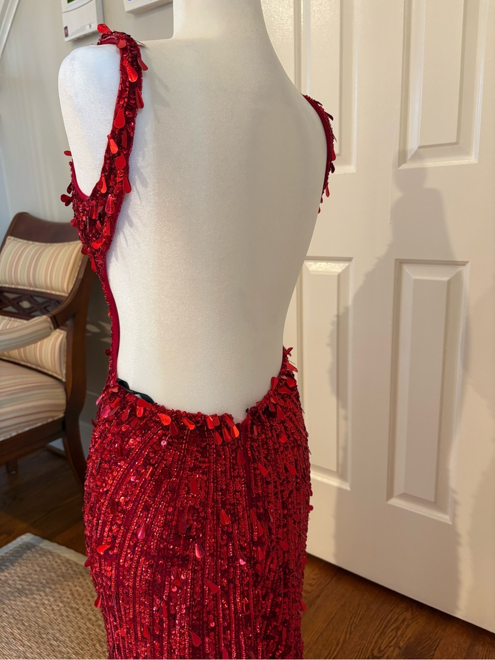Sherri Hill Red Beaded V-Neck Prom Gown - Picture 2 of 3